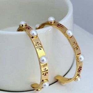 Tory Burch Gold Hoop Earrings with Pearl Accents